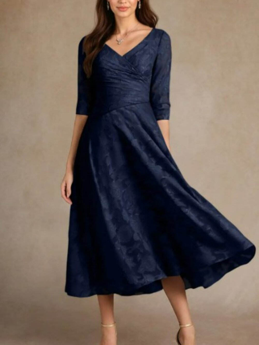 Azazie Durant  Dark Navy A-Line Pleated Floral Burnout Dress | Size 8 - Picture 2 of 3